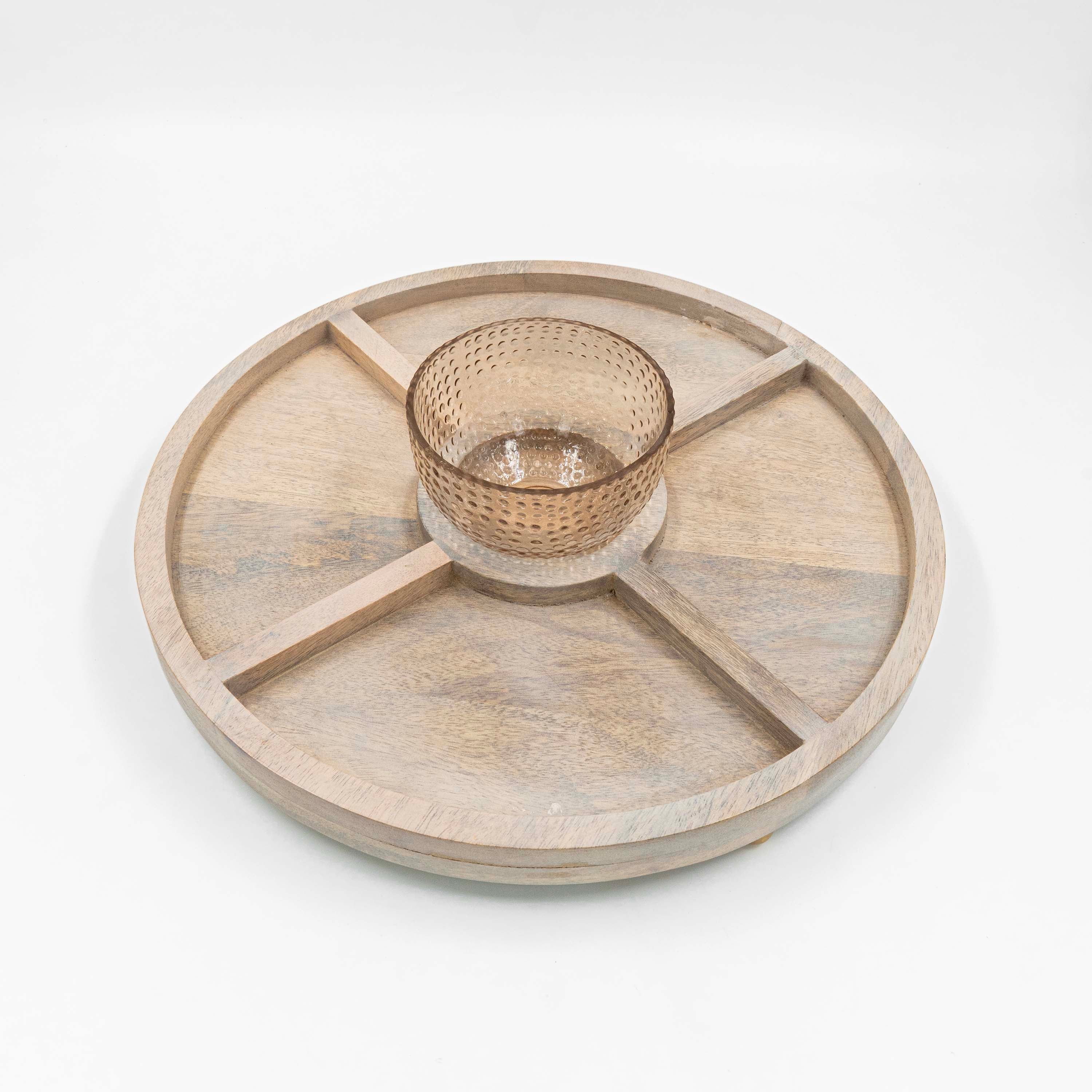 Segmented Glass Bowl With Wooden Serving Tray