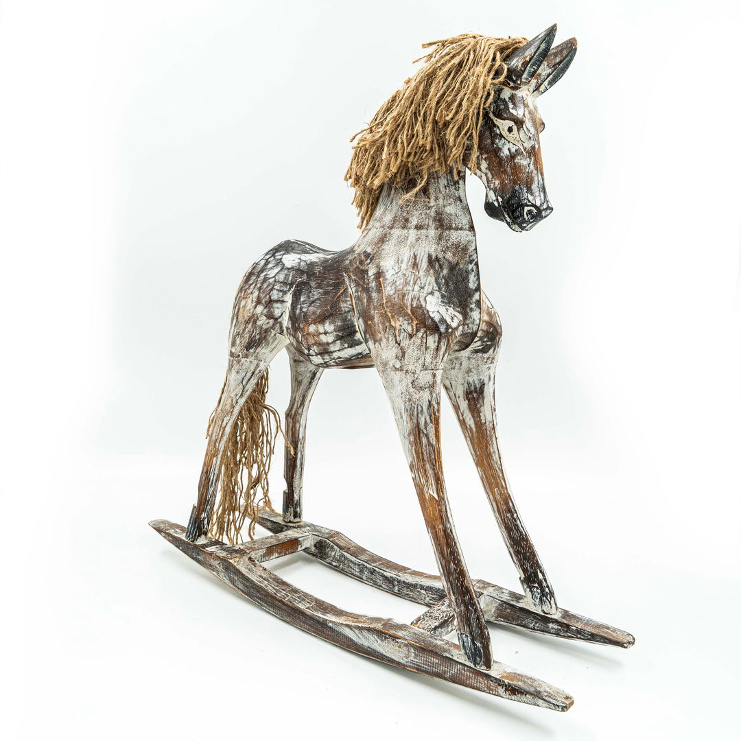 Hand Carved Horse In Albasia Wood - Distress White