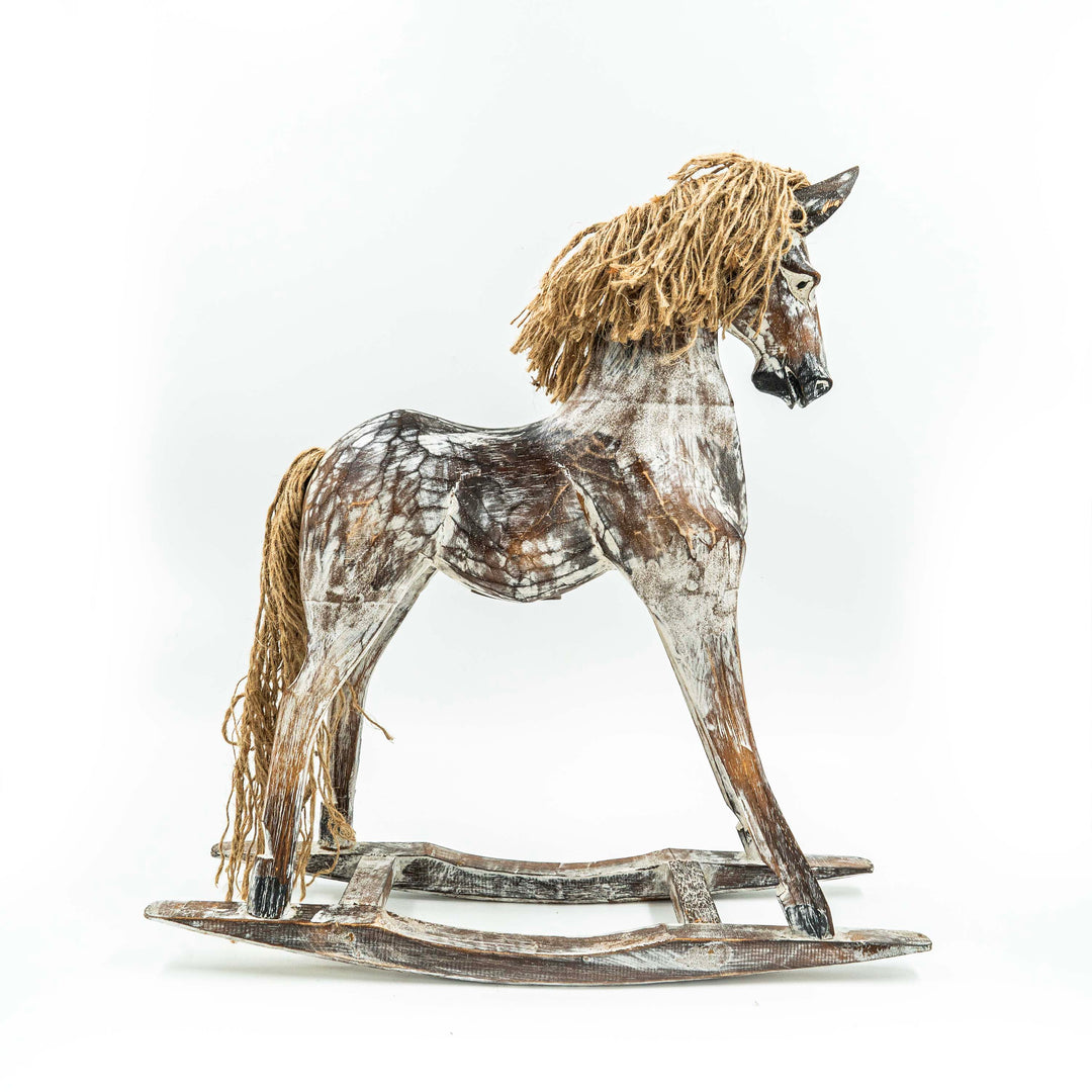 Hand Carved Horse In Albasia Wood - Distress White