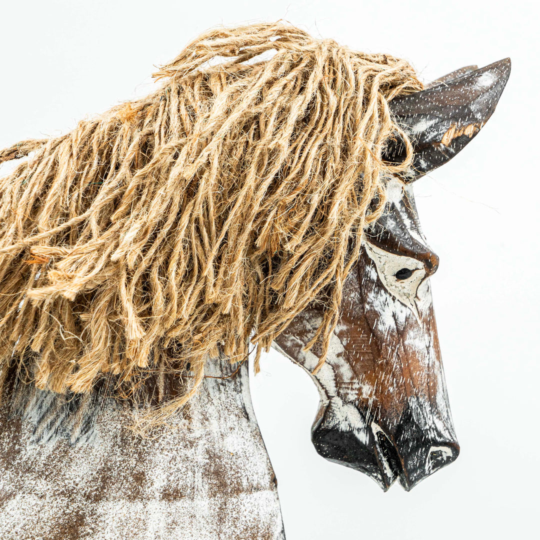 Hand Carved Horse In Albasia Wood - Distress White