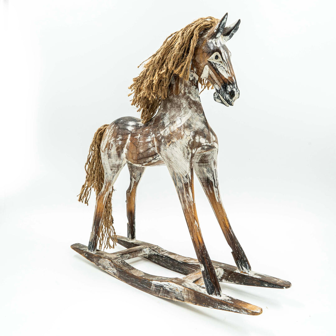 Hand Carved Horse In Albasia Wood - Distress White