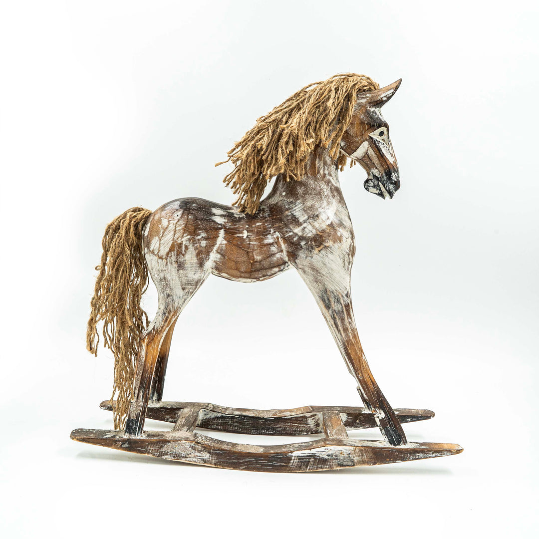 Hand Carved Horse In Albasia Wood - Distress White