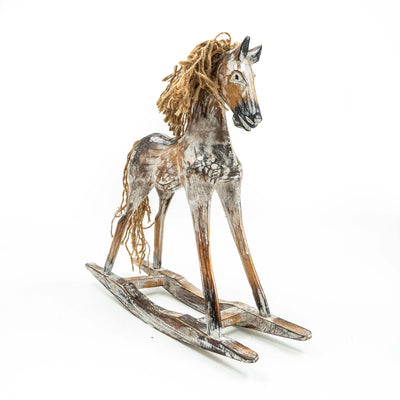 Hand Carved Horse In Albasia Wood - Distress White