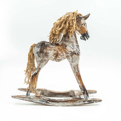 Hand Carved Horse In Albasia Wood - Distress White