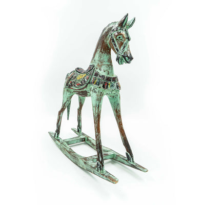 Hand Carved Horse In Albasia Wood - Green