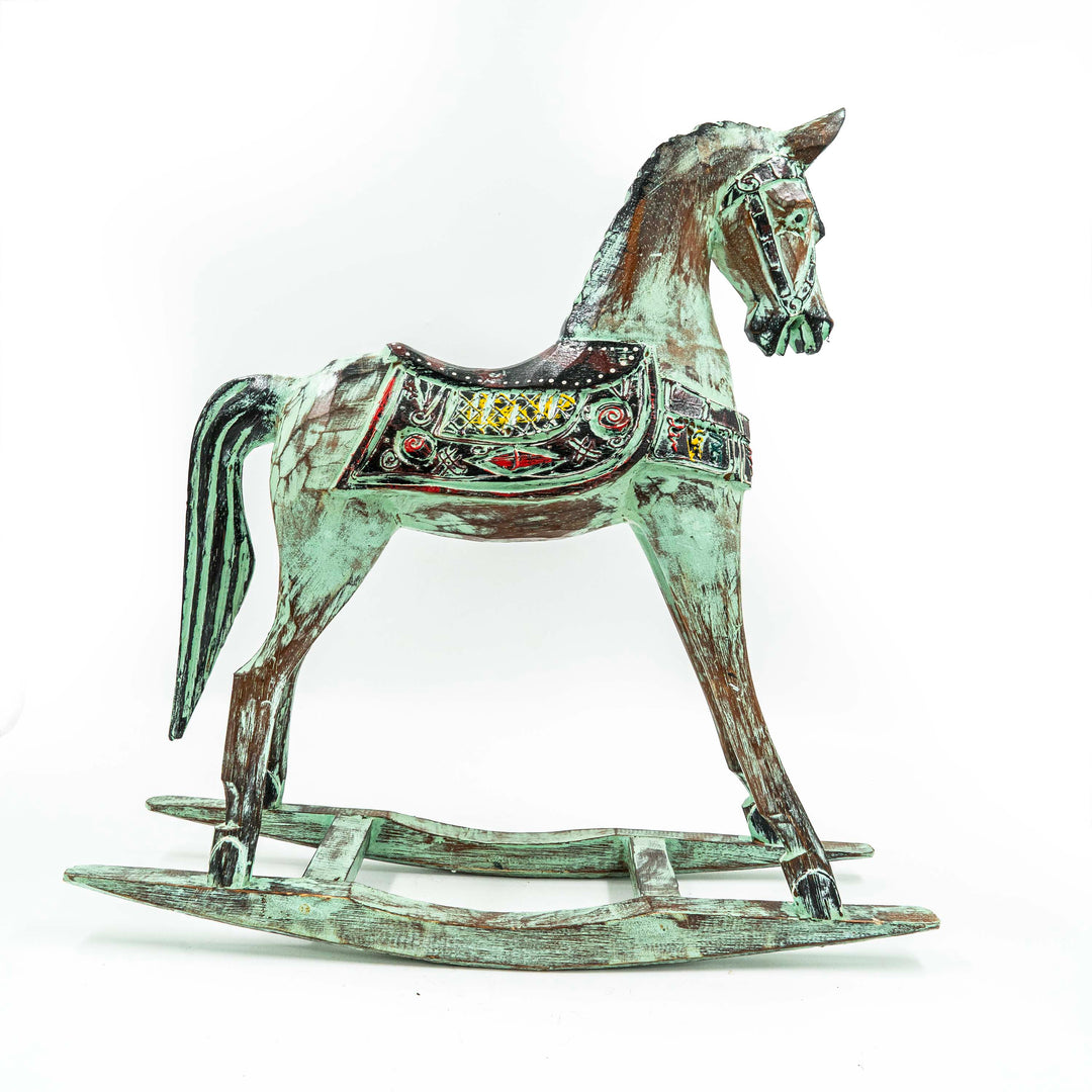 Hand Carved Horse In Albasia Wood - Green