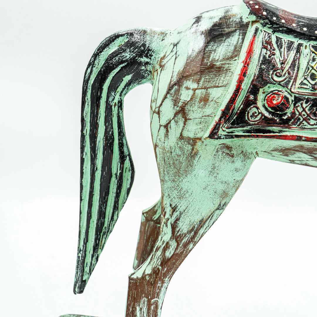 Hand Carved Horse In Albasia Wood - Green