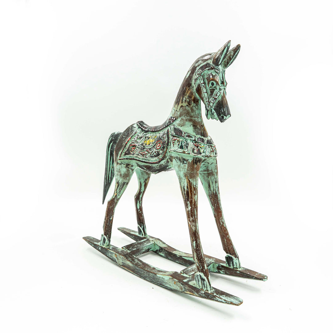 Hand Carved Horse In Albasia Wood - Green