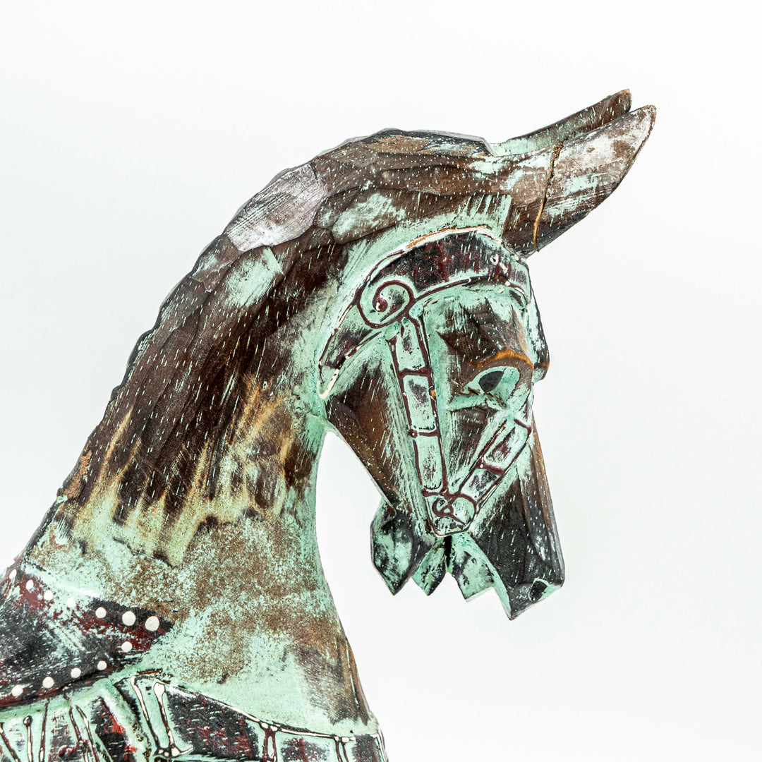 Hand Carved Horse In Albasia Wood - Green