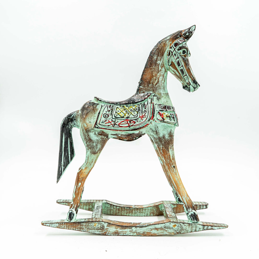 Hand Carved Horse In Albasia Wood - Green