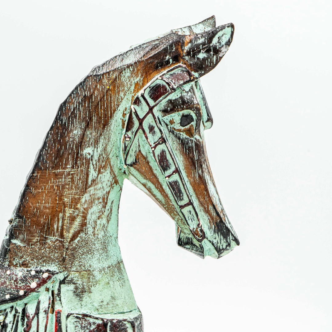 Hand Carved Horse In Albasia Wood - Green