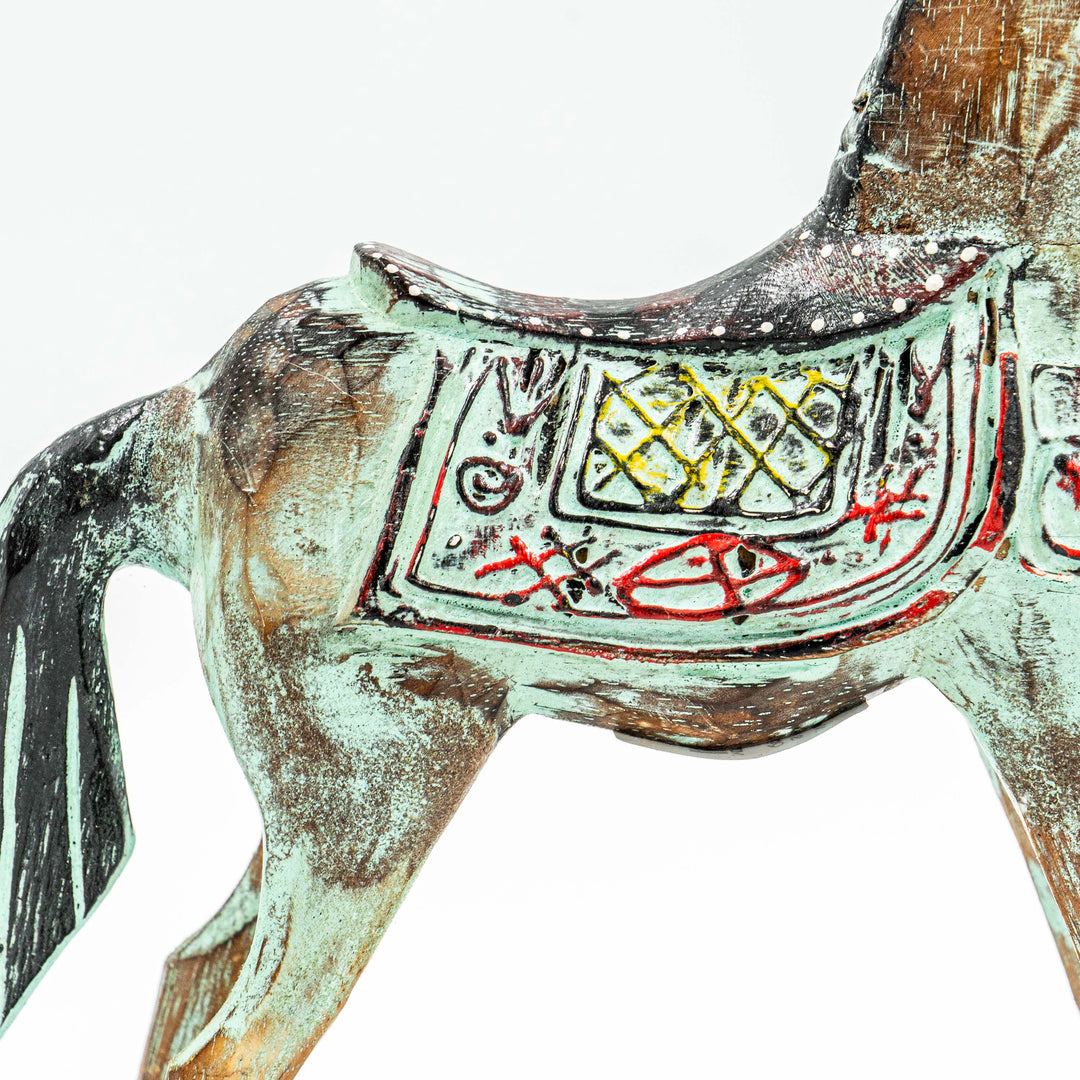 Hand Carved Horse In Albasia Wood - Green