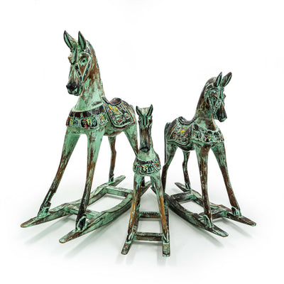 Hand Carved Horse In Albasia Wood - Green