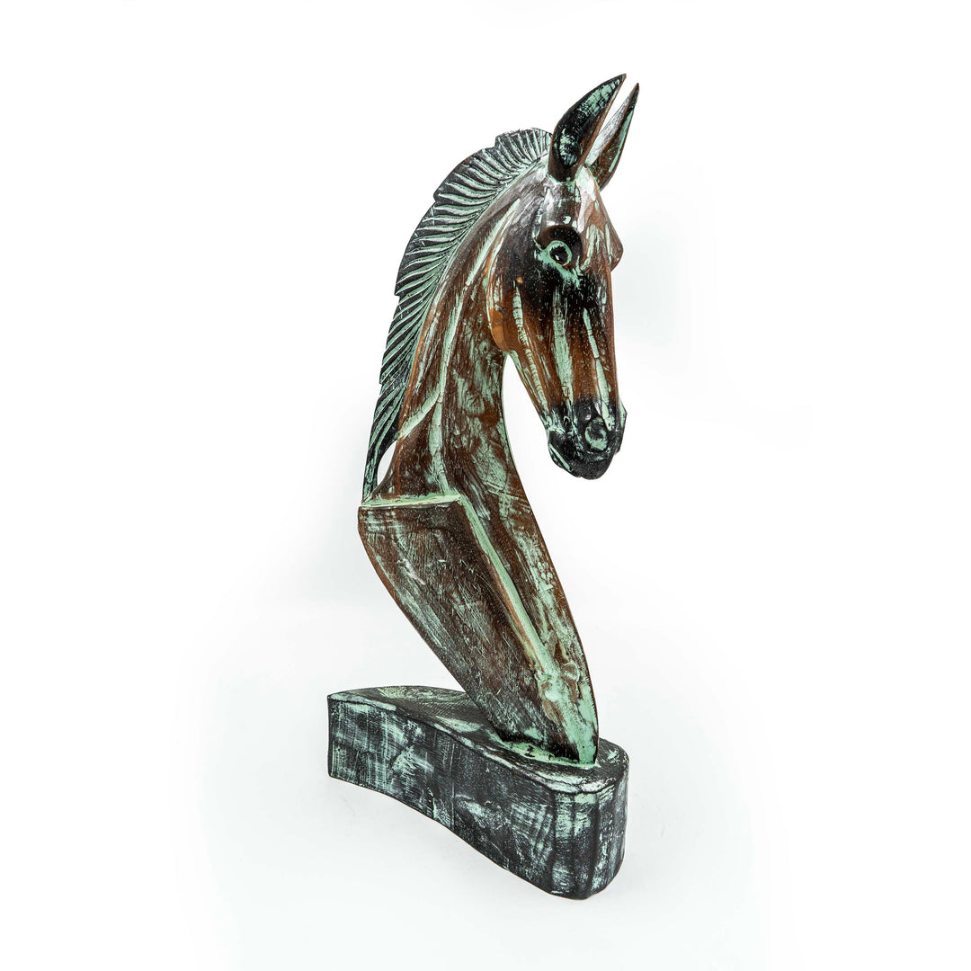 Hand Carved Horse Head Albasia Wood - Green