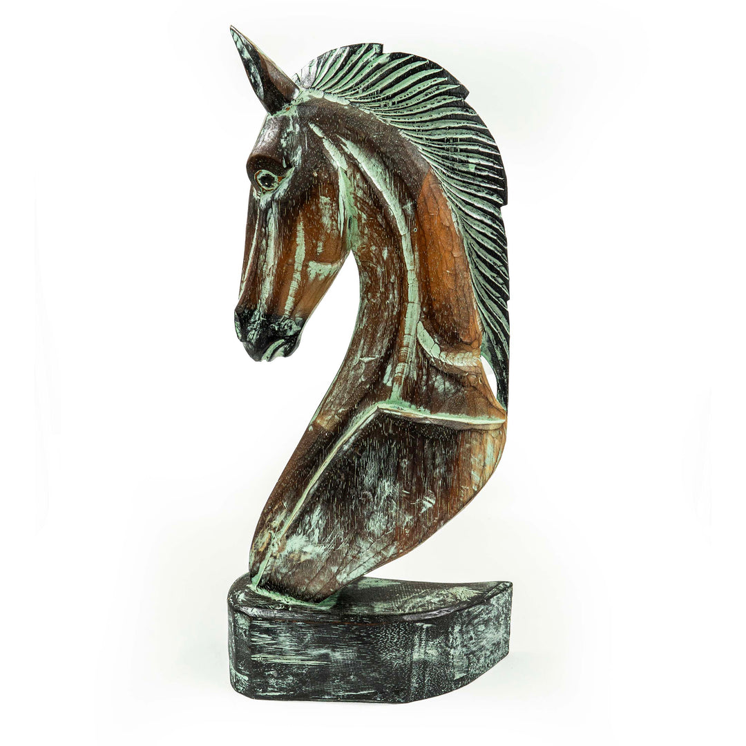 Hand Carved Horse Head Albasia Wood - Green