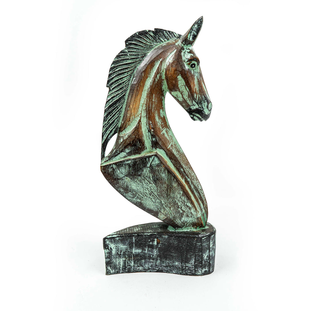 Hand Carved Horse Head Albasia Wood - Green