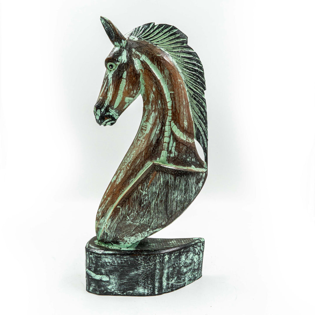 Hand Carved Horse Head Albasia Wood - Green