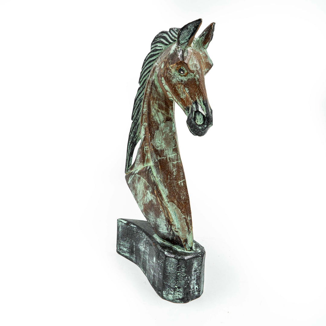 Hand Carved Horse Head Albasia Wood - Green