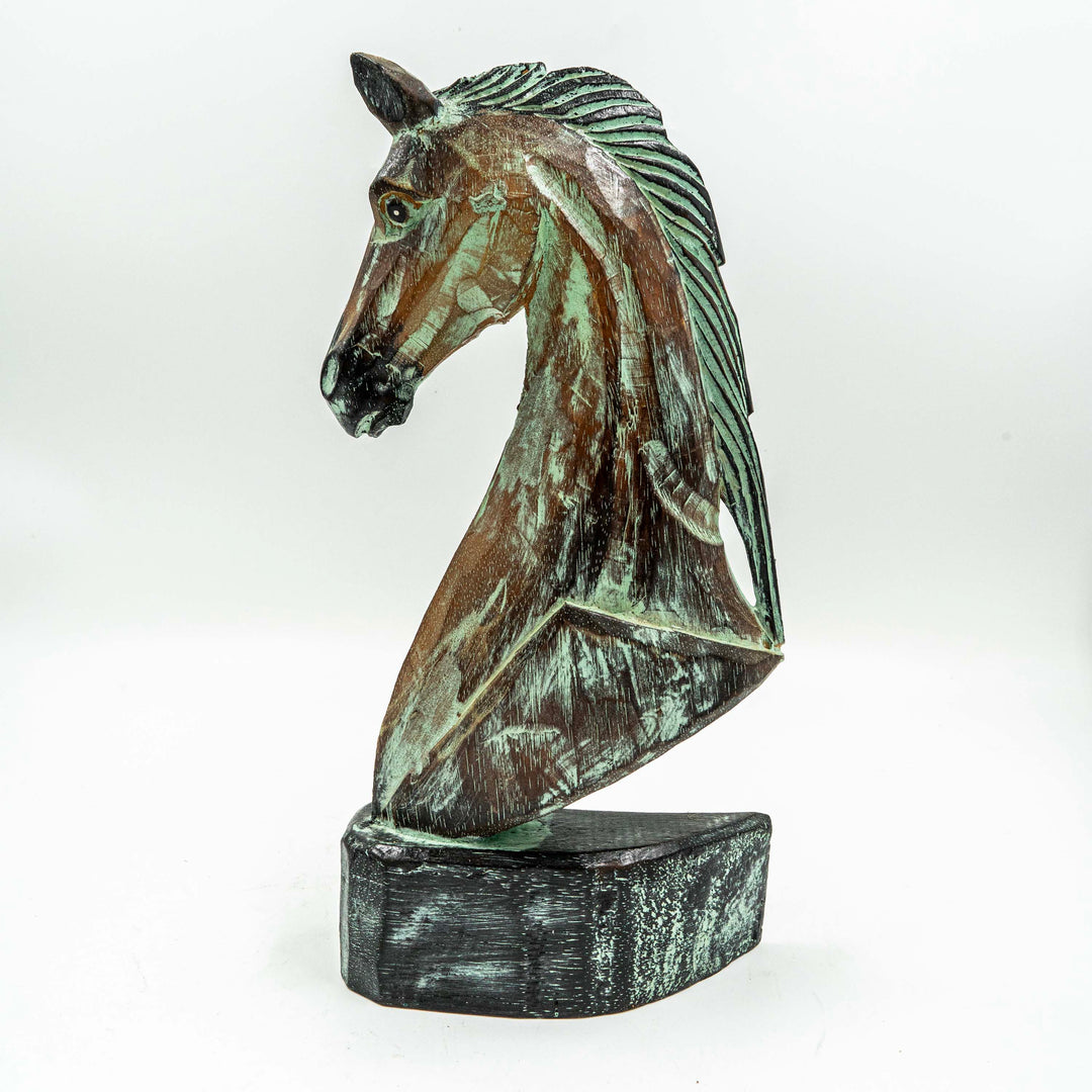 Hand Carved Horse Head Albasia Wood - Green