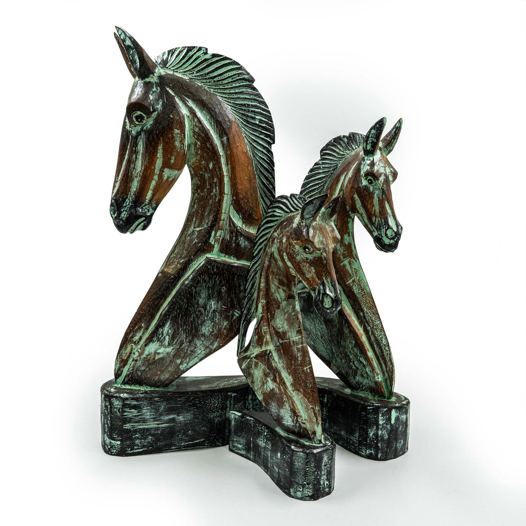 Hand Carved Horse Head Albasia Wood - Green