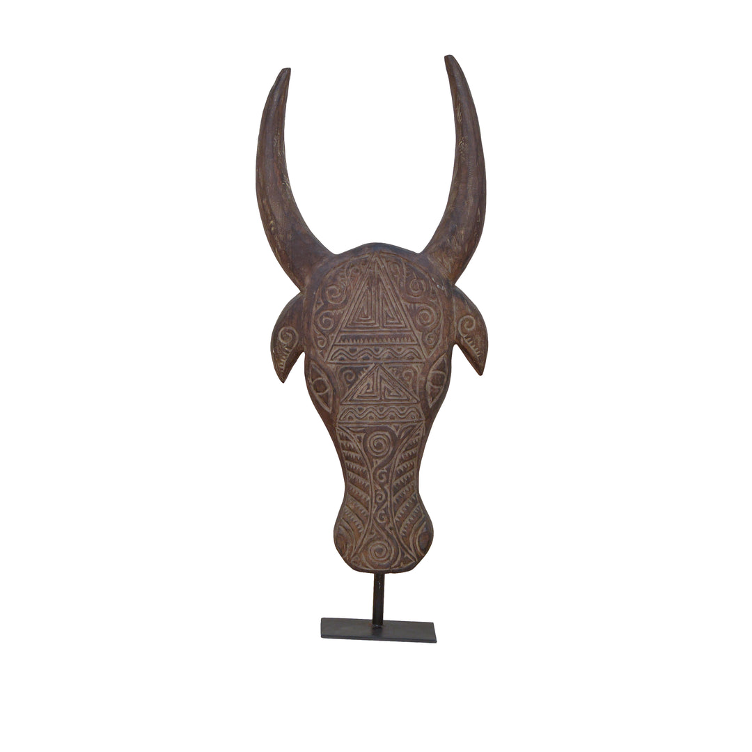 Etched Wooden Bull Horn on Stand - Large