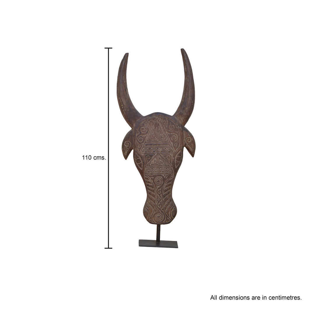 Etched Wooden Bull Horn on Stand - Large