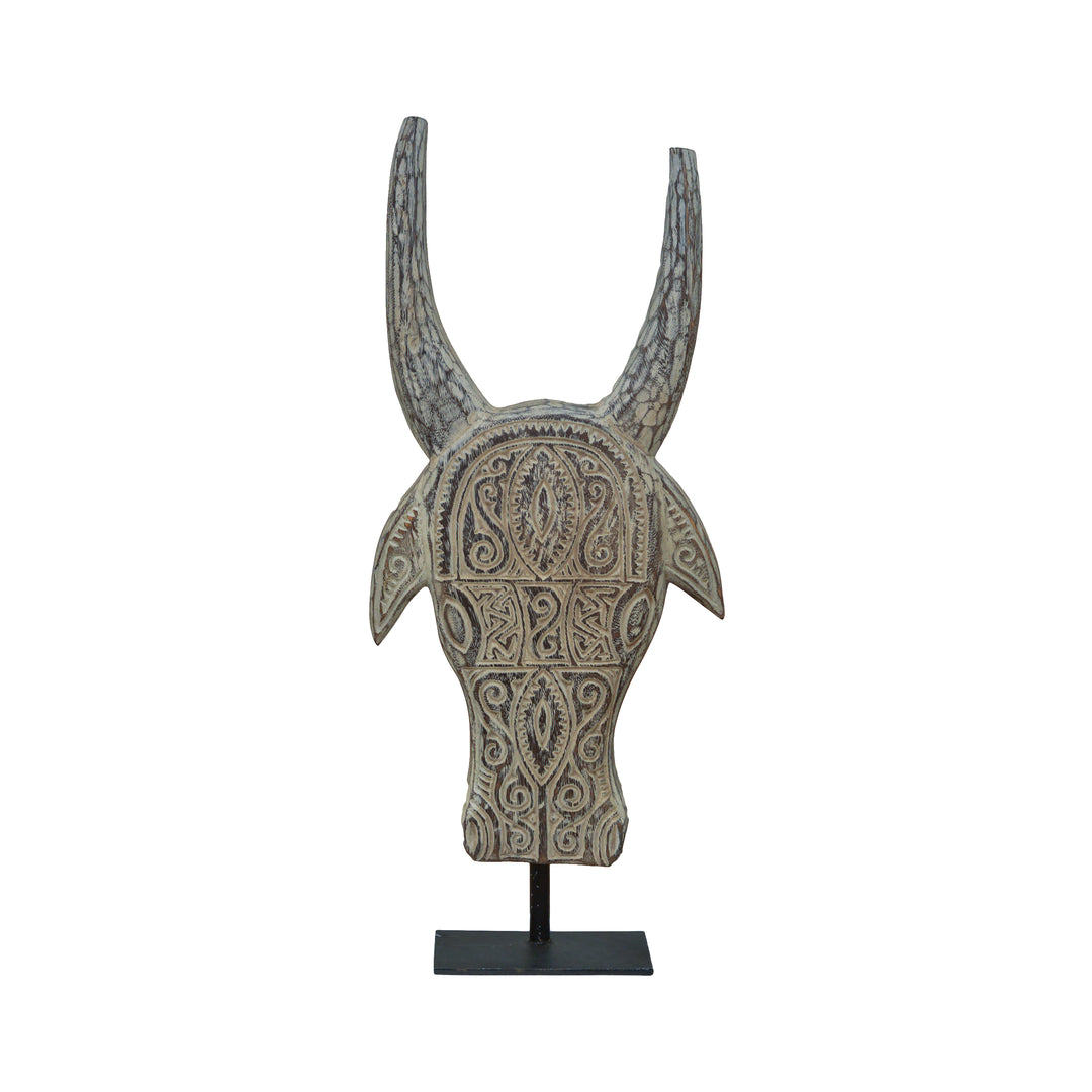 Etched Wooden Bull Horn on Stand - Medium