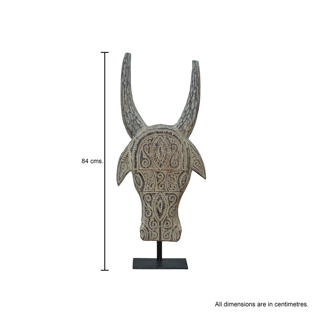 Etched Wooden Bull Horn on Stand - Medium