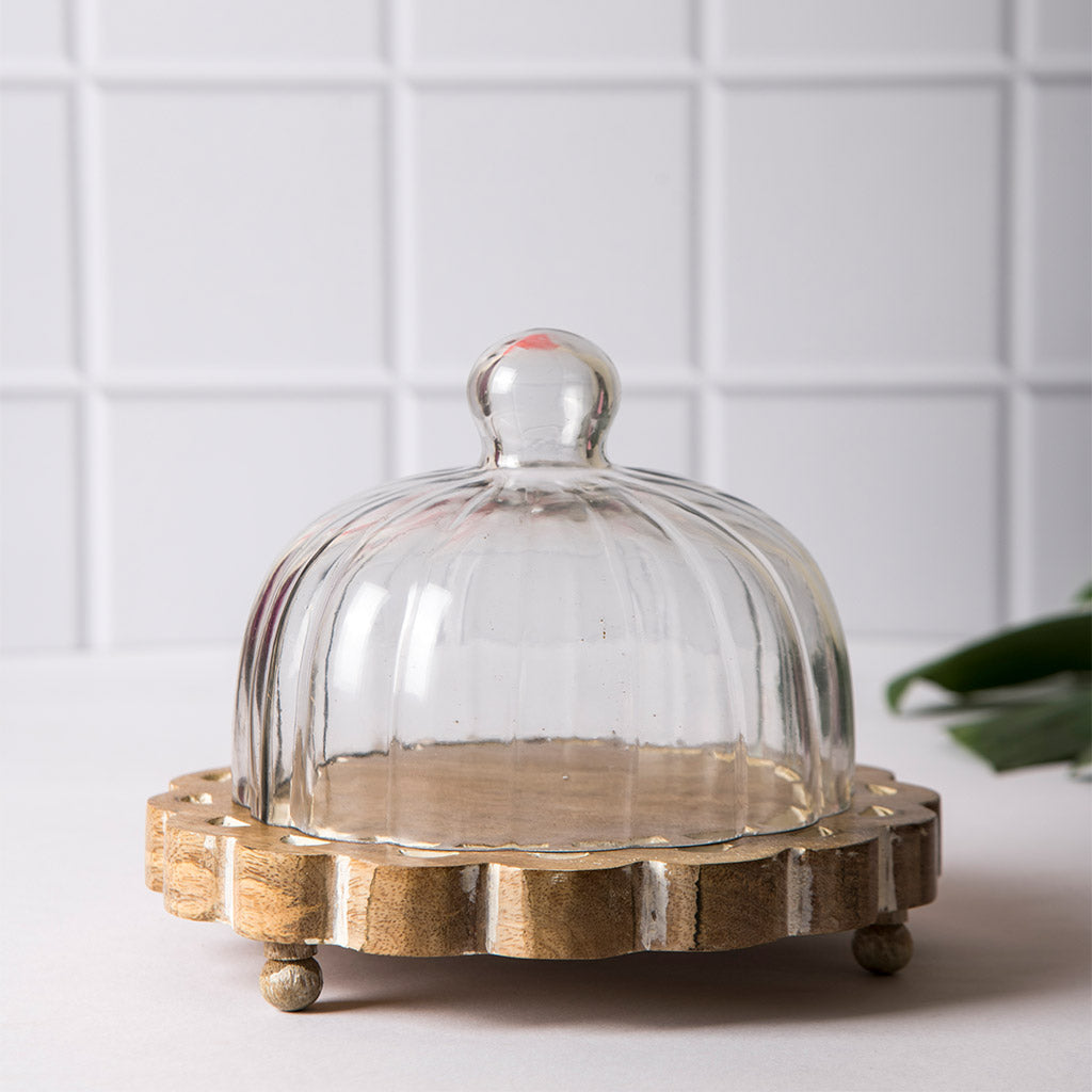 Aster Glass Cloche with Wooden Base