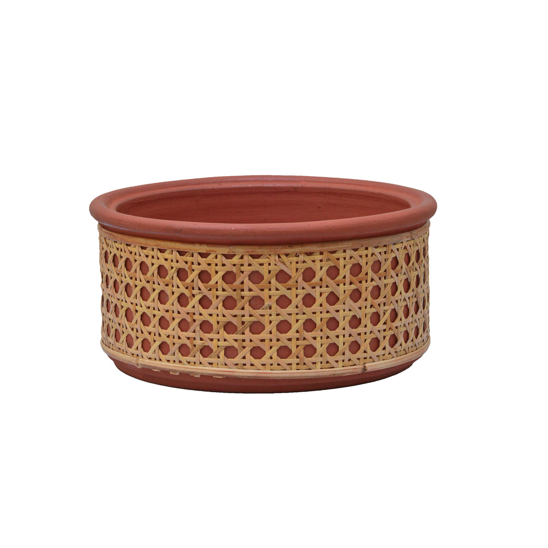 Terracotta Flat Planter with Tight Rattan Weave