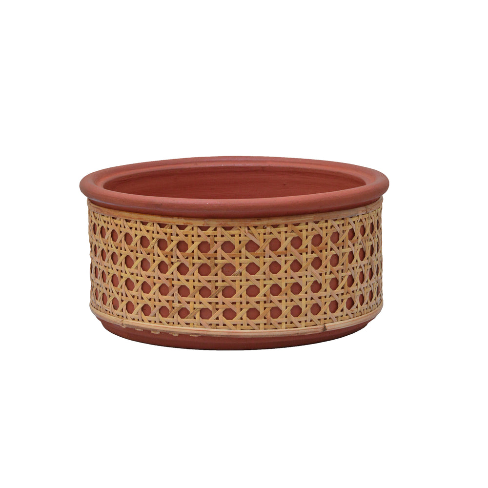 Terracotta Flat Planter with Tight Rattan Weave