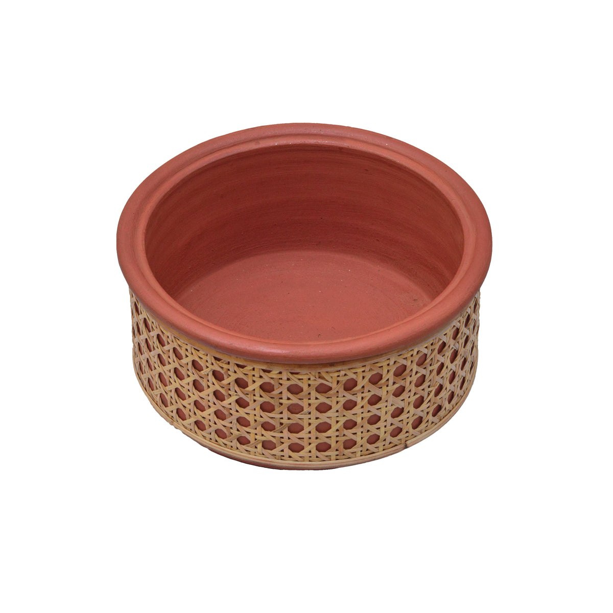 Terracotta Flat Planter with Tight Rattan Weave