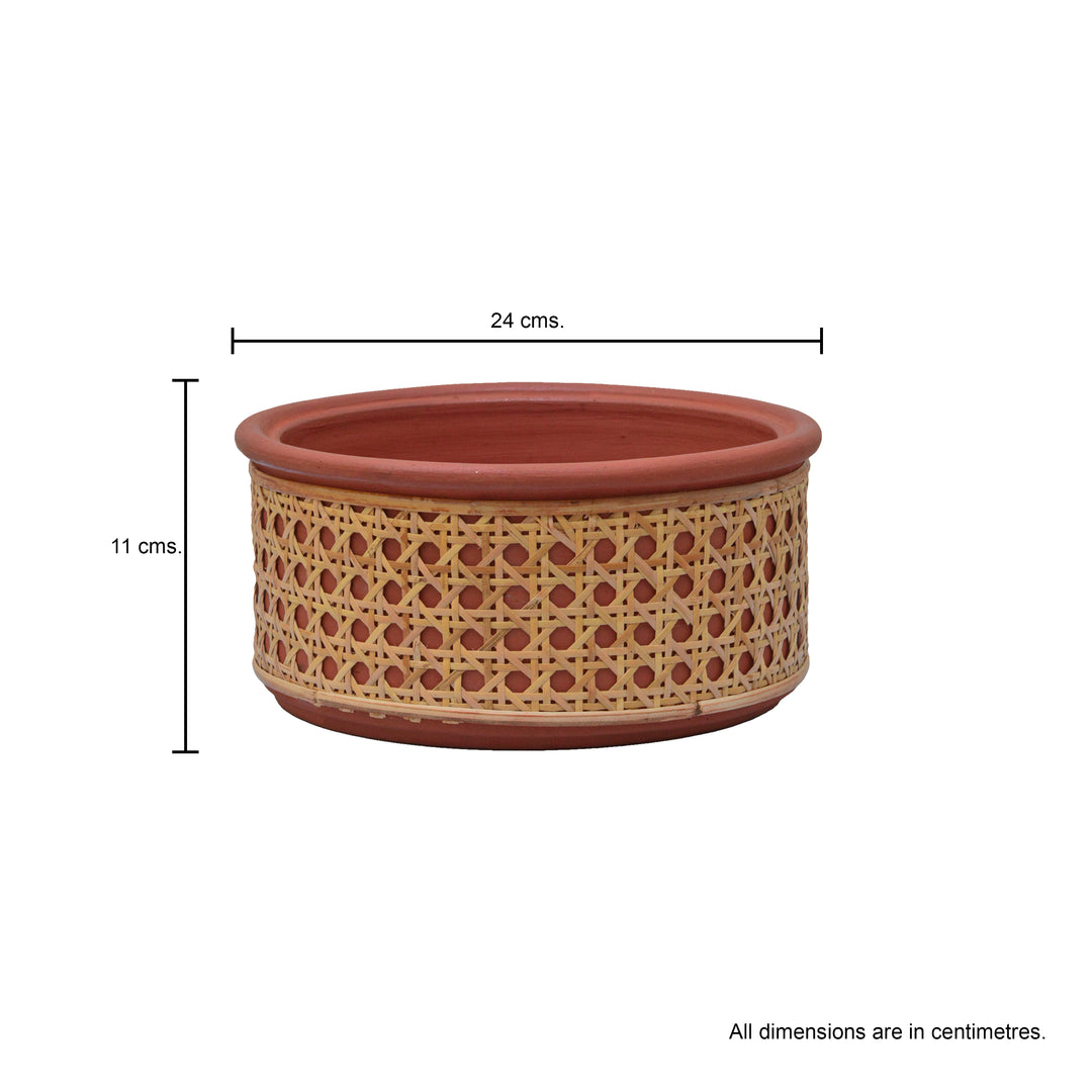 Terracotta Flat Planter with Tight Rattan Weave