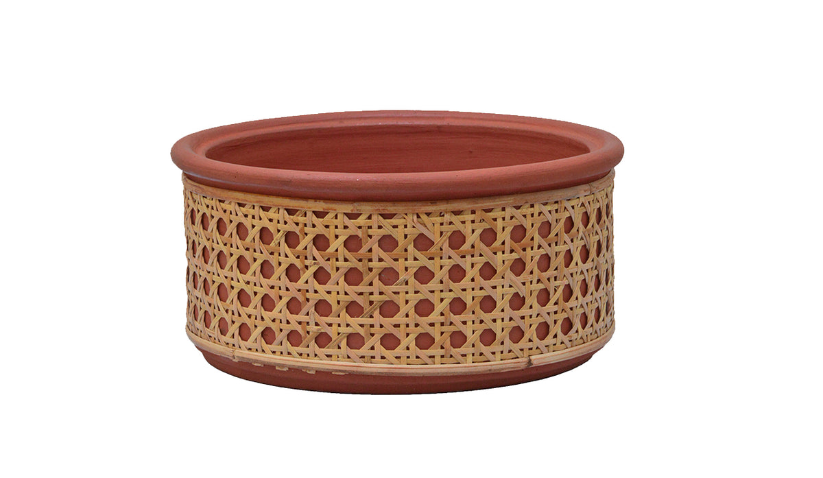 Terracotta Flat Planter with Tight Rattan Weave