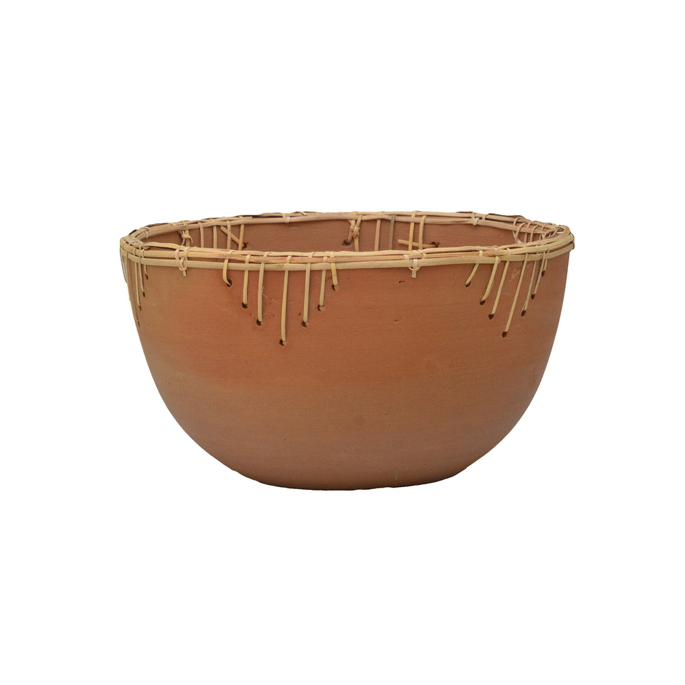 Natural Terracotta Round Bowl with Rattan Weave