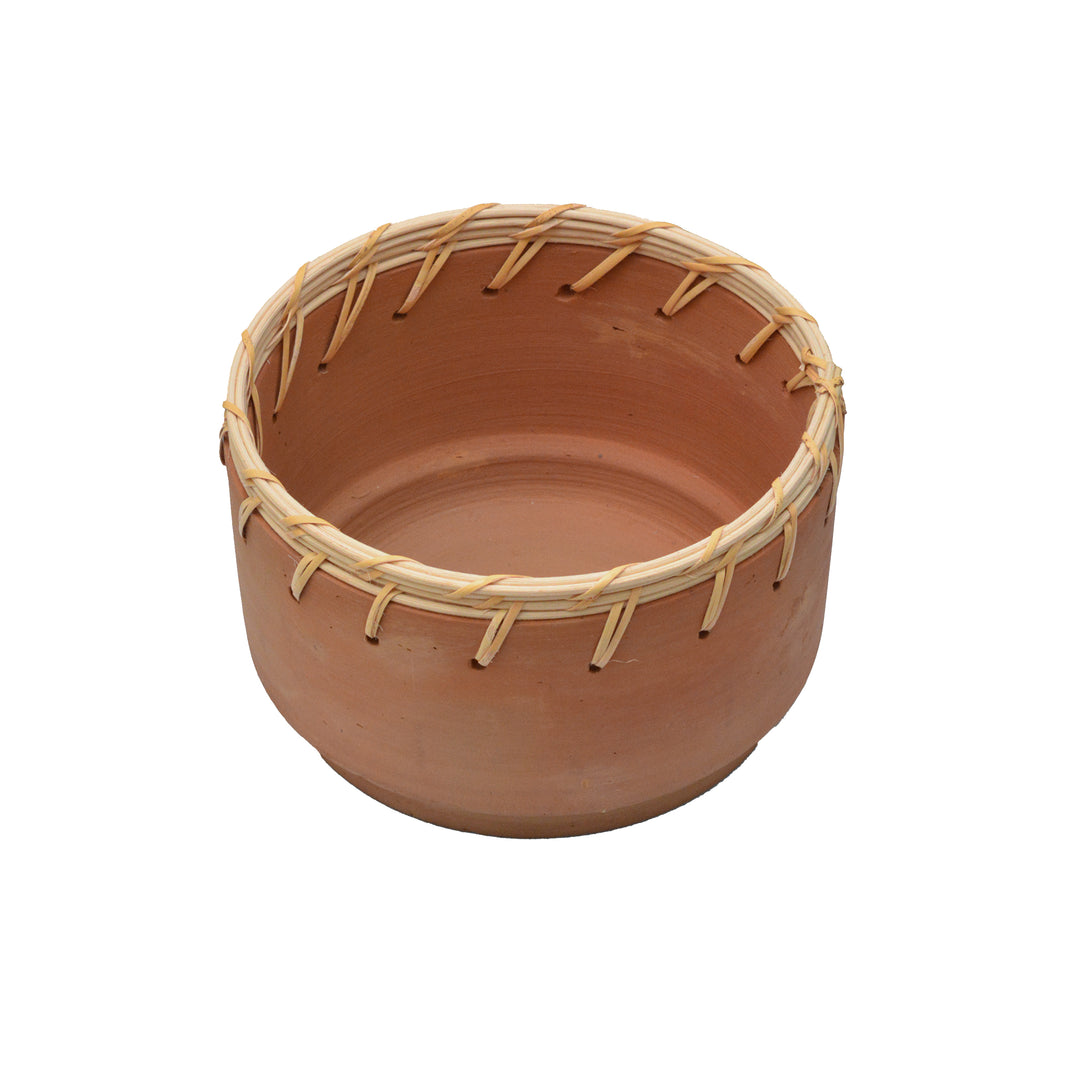 Natural Terracotta Stout Bowl with Rattan Weave - Medium