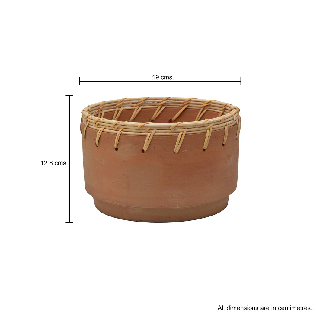 Natural Terracotta Stout Bowl with Rattan Weave - Medium