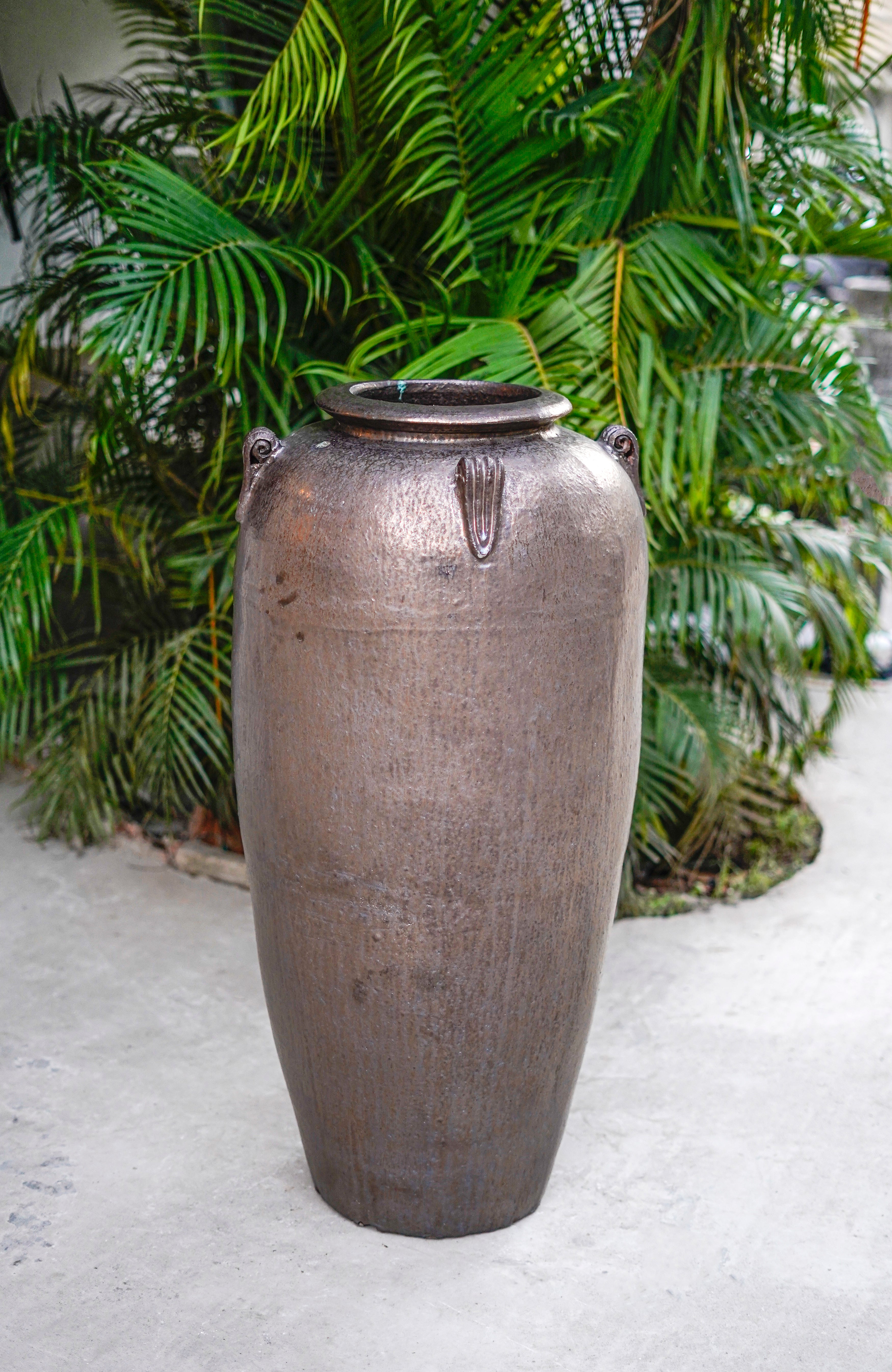 Metallic brown bronze 2024 urn vase container planter ceramic pottery clay modern 27”