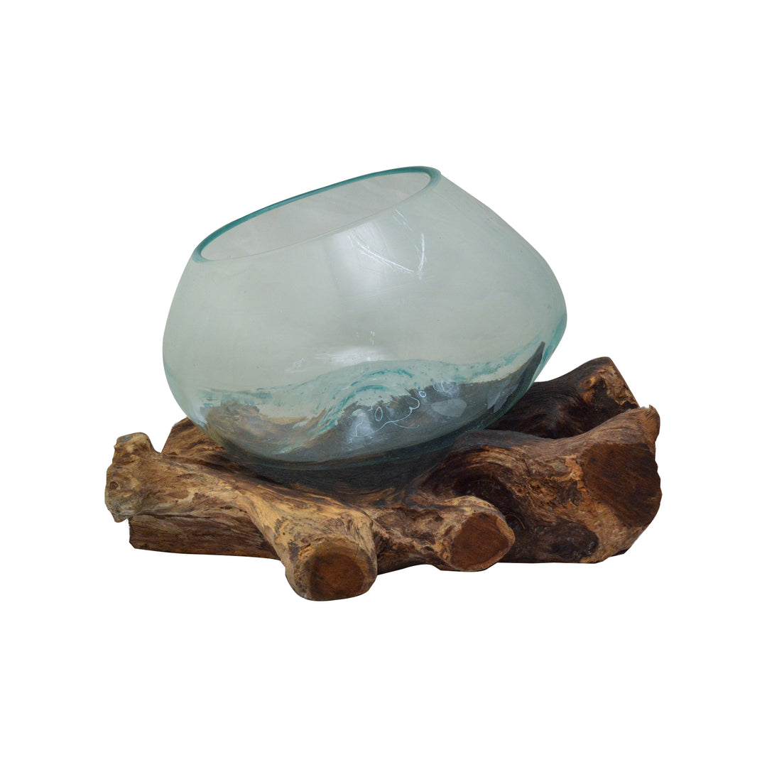 Round Glass Planter Bowl on Drift Wood