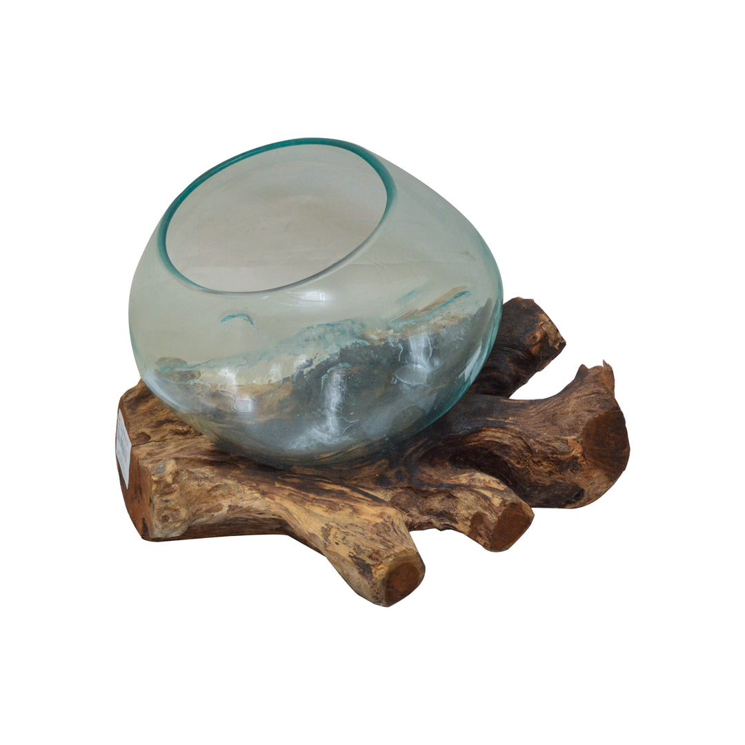 Round Glass Planter Bowl on Drift Wood