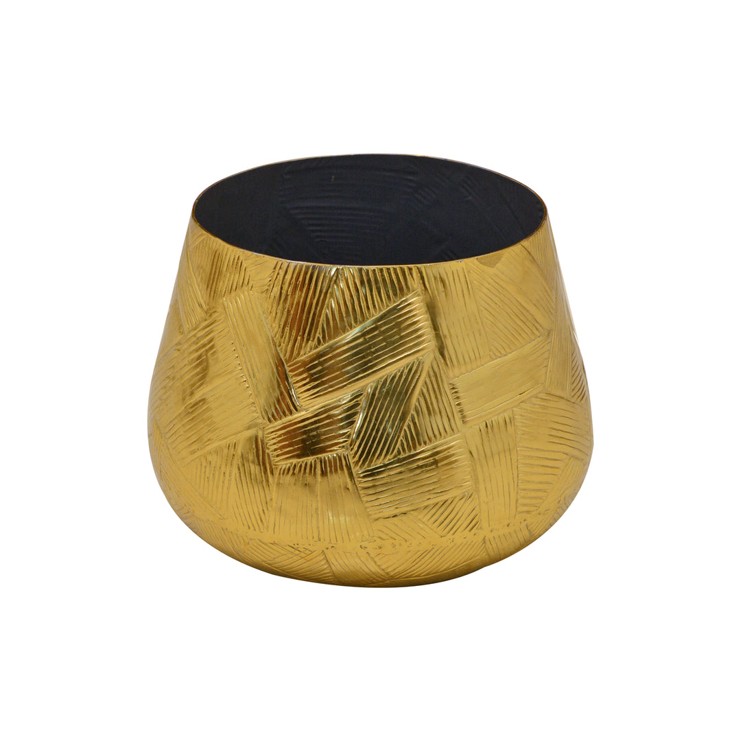 Narrow Mouth Wide Base, Cross Textured Metal Pot - Small
