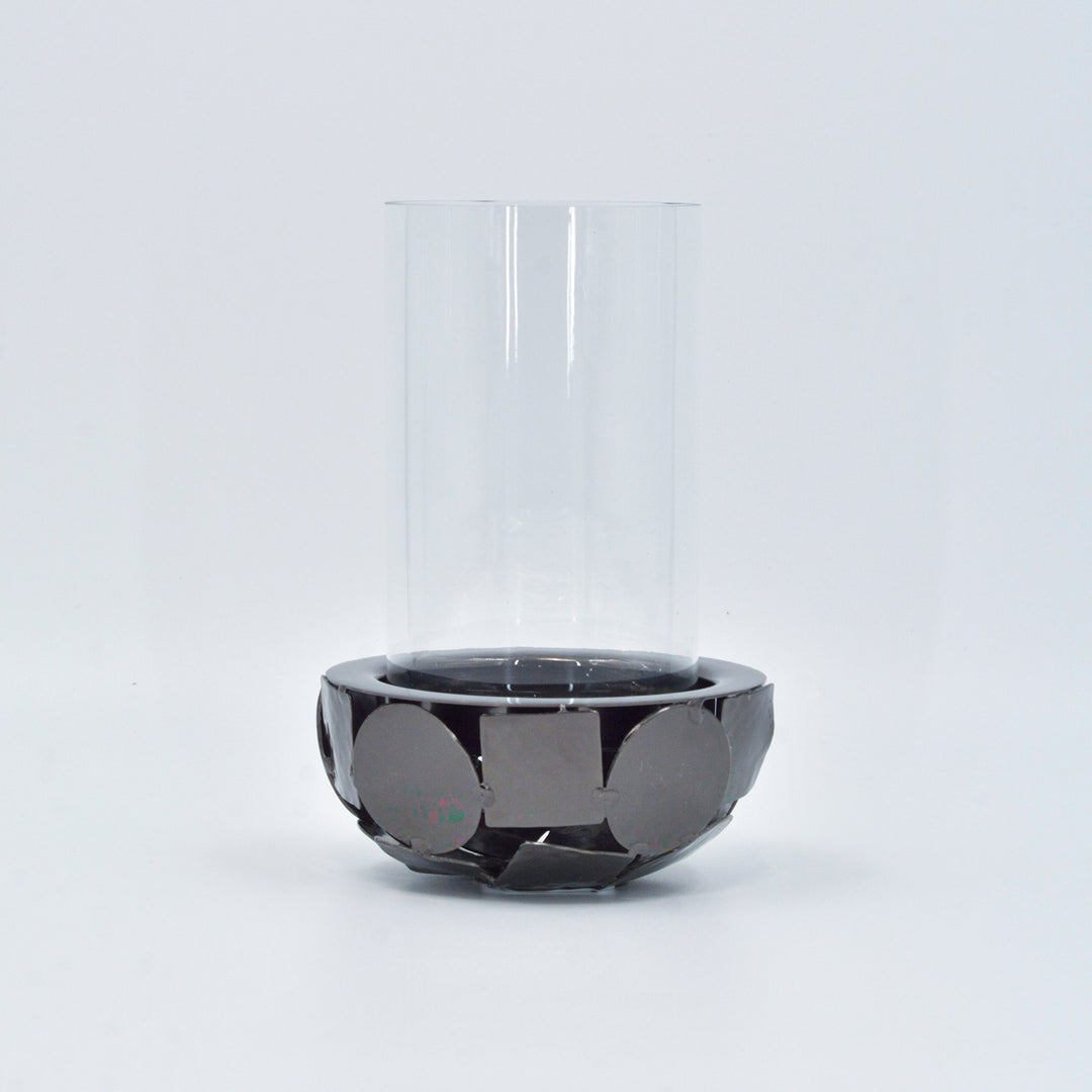 Glass Hurricane on a Designed Bowl - Tea Light Black